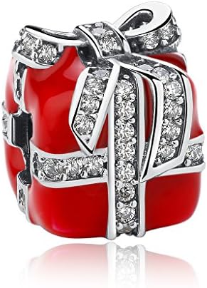925 Silver Bow Gift Box Red Enamel Christmas Glass Beads For Sale Charm Fit European 3mm Bracelets BS236