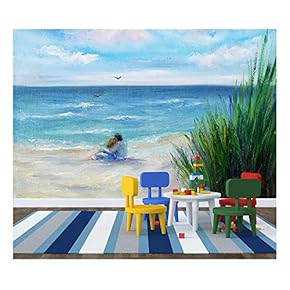 Original Oil Painting Showing Couple in Love Sitting on The Beach and Looking at Ocean - Removable Wall Mural | Self-Adhesive Large Wallpaper - 66x96 inches