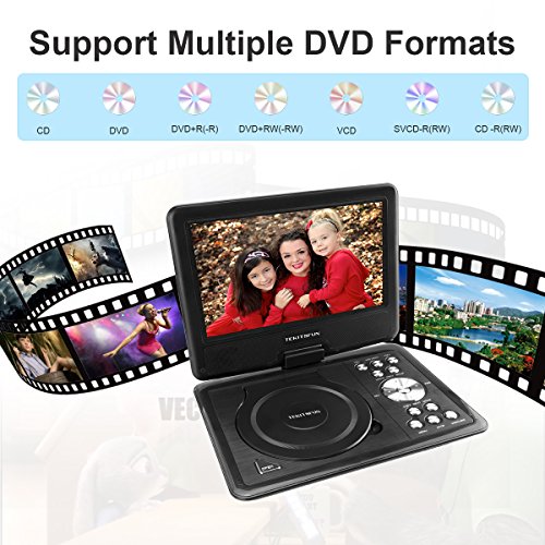 9"Portable DVD Player for Kids - TEKITSFUN 180°Swivel Screen 5 Hours Built-in Rechargeable Battery, SD/USB Port, Portable CD Player with Remote Control- Black (Valentine's Day Gifts)