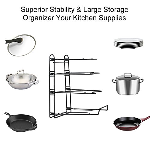 Adjustable Pot Organizer Rack, Gusgu 4-tier Cookware Pots & Pans Organizer Foldable Kitchen Cabinet Pantry Pan And Pot Lid Organizer Rack Holder For 8 9 10 11 12 Inch Cookware.(Black)