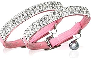 CHUKCHI Soft Velvet Safe Cat Adjustable Collar Bling Diamante with Bells,11 inch for Small Dogs and Cats (Pink- 2 Pack)