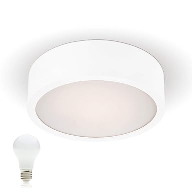 Deckenleuchte aus Holz / Glas MADRID WHITE [Matt-Weiss, Ø27cm, Rund] mit 6W [600lm] LED E27 IP20 230V; für Wohnraum, Büro, Pr