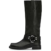 FIFSY Knee High Boots for Women Chunky Heel Buckle Boots Square Toe Pull On Motorcycle Biker Riding Boots Low Heel Tall Booties