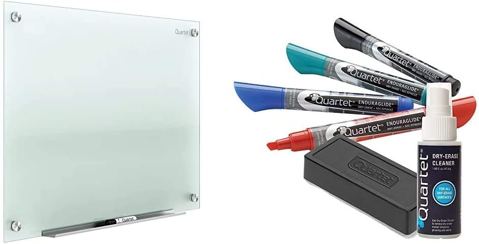 Quartet Glass Whiteboard, 4' x 3', Frosted Surface, Infinity (G4836F) & Dry Erase Markers Accessory Kit, 4 Chisel Point EnduraGlide Dry Erase Markers, an Eraser & Cleaning Spray (5001M-4SK)