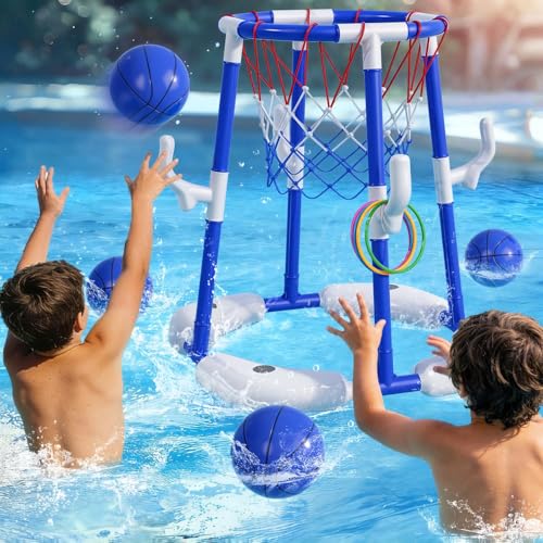 ORCHID M® Pool Basketball Hoop, 2-in-1 Floating Pool Toys Ring Game with 4 Balls and Pump, Outdoor Swimming Pool Basketball Games Water Play Toy Family Party for Kids Adults Age 3-12