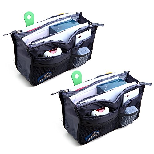 2 Pack Magik Travel Insert Handbag Purse Large Liner Organizer Tidy Bags Expandable 13 Pocket Handbag Insert Purse Organizer with Handles (.Black.)