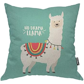 Moslion Llama Pillows Cute Cartoon Animal Llama Alpaca with Ethnic Cloth No Prob Llama Motivational Quote Green Throw Pillow Cover Decorative Square Accent Cotton Linen Home Pillow Case 18X18 Inch
