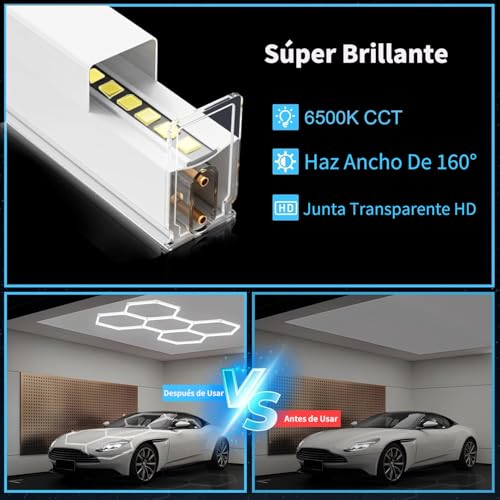 Luz LED Hexagonal para Cochera, 6500 K, 26800 Lúmenes 5 Cuadrículas Luces Hexagonales Lámpara para Cochera, Sótano, Sala de Juegos, Almacén, Gimnasio