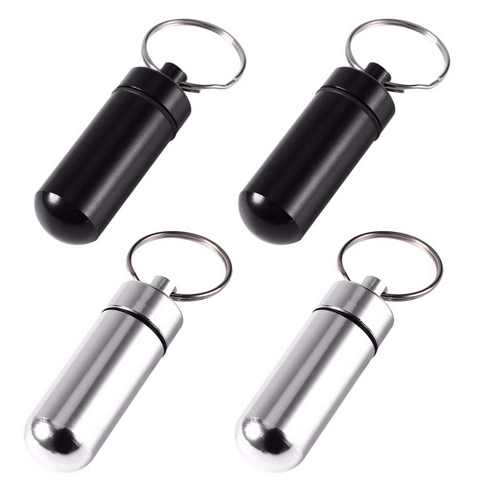 Amaoma 4 Pcs Ring Aluminum Pill Box, Keychain Portable Mini Pill Box Aluminum Waterproof Pill Holder Box Pocket Pill Container Keychain Pill Fob Travel Pill Holder for Men Women (2 Black+Silver)