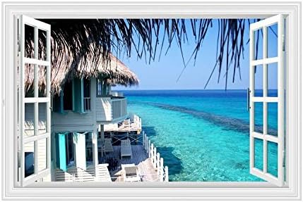 Wall Sticker ，3D Wallpaper Wall Decoration Coconut Beach Fresh Sea View ，3D Fake Window Wall Sticker ，Home Decoration Bedroom Bedside Wallpaper