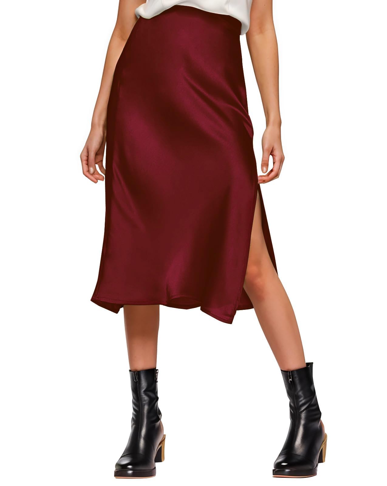 Photo 1 of Womens Satin Silk High Waist Slit Midi Skirt Elastic Waistband Midi Skirts for Women WineRed