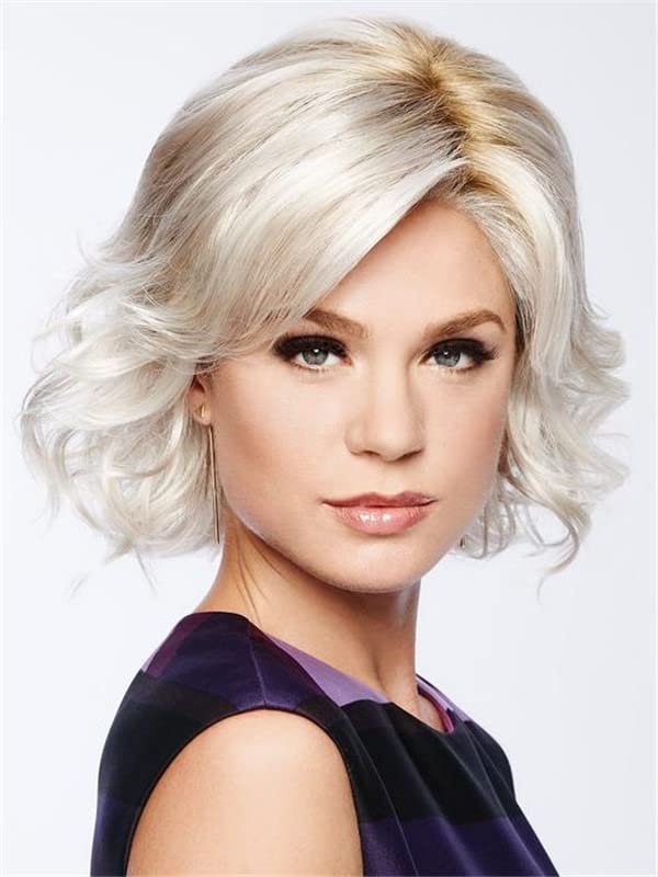 Photo 1 of Dai Cloud Blonde Short Wig Women Ombre Light Blonde Curly Bob Wigs Old Lady Dark Root Hair Side Part Wigs for Women Cosplay Party Daily