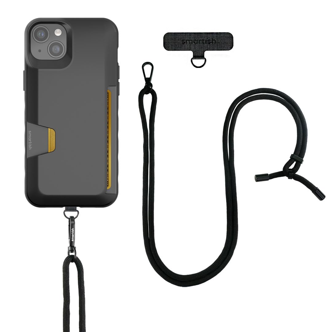 Smartish iPhone 15 Plus Wallet Case with Crossbody Lanyard Strap - Wallet Slayer Vol. 1 - [Slim + Protective] Credit Card Holder with Universal Detachable Shoulder Neck Strap - Black Tie Affair