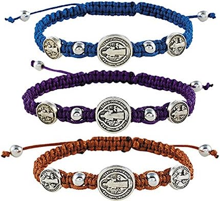 Saint Benedict Evil Protection Trinity Medal on 8" Adjustable Cord Bracelet, Set of 3