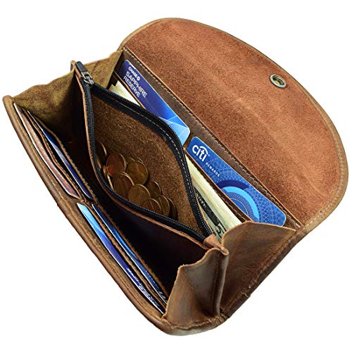 Hide & Drink, Full Grain Leather Snap Clutch Wallet for Women, Money Holder and Card Organizer with Zippered Pouch, Handmade, Bourbon Brown