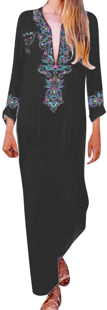 Kaftan Dresses for Women Boho Loose Tropical Oversized Sundress Pleat Tunic V Neck Long Maxi Dress JHKUNO