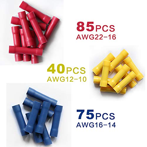 ELECFUN 200pcs 10-22AWG Assorted Butt Splice Crimp Connectors, Insulated Electrical Straight Wire Terminal Connectors