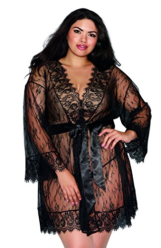 image for Dreamgirl Women's Plus Size Lace Kimono Robe, Black, 3X