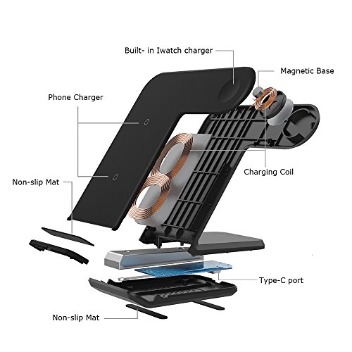 Wireless Charger Compatible Apple Watch 2 in 1 Fast Charging Stand Compatible iPhone Xs/XS MAX/X/8/8 Plus Qi-Certified Android Charge Station Compatible iwatch 4/3/2/1(Black)(Adapter not Included)
