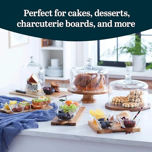 Libbey Acacia Wood Cake Stand with Dome Lid, Ball Top Handle Cake Holder with Lid, Covered Cake Stand, Durable Glass Dome Cover