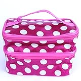 Brendacosmetic Korean version large Dot Double layer makeup bag for arranging and storing ,Toiletry Travel Cosmetic Makeup Beauty Bag with mirror for girls (Rose red+white dot)
