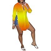 qfmqkpi Women Sexy V Neck Shirts Side Slit Print Long Sleeve Button Down Blouse Tops