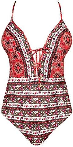 Summer Bay Beach Womens Deep V-neck Cross-Back High Cut Fashion One Piece Swimsuit Printing Pattern Swimmwear (XL)