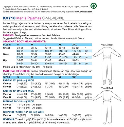 Kwik Sew K3713 Pajamas Sewing Pattern, Size S-M-L-XL-XXL