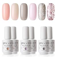 Gellen Gel Polish Set - Pure & Glitters Series Popular 6 Colors (Peach, Shell, Pink, Gray, Champagne Glitter, Pink Glitter)