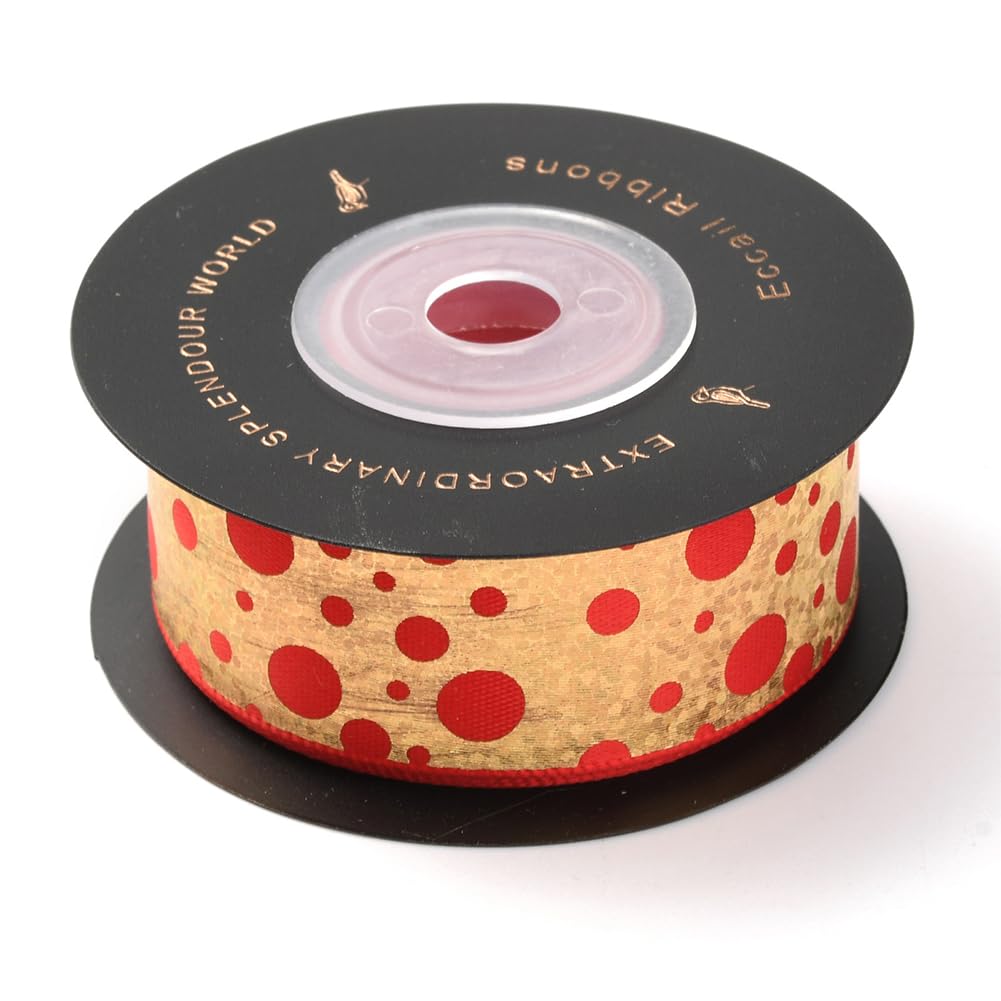 CABODYALS 18.28M 1 Inch Red Gold Polyester Ribbon Polka Dots Ribbon Single Face Golden Hot Stamping Ribbons Bundle Rolls with Spool for Christmas Wedding Bouquet DIY Craft Projects Gift Wrapping