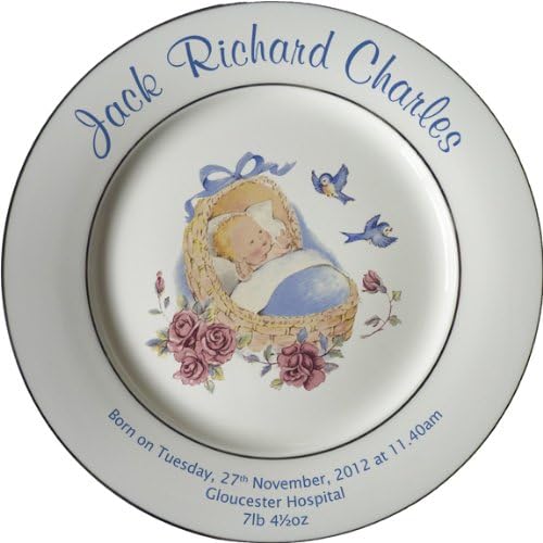 Personalised Baby Birth Plate -Blue Cradle Design on a Plate with 2 Platinum Bands