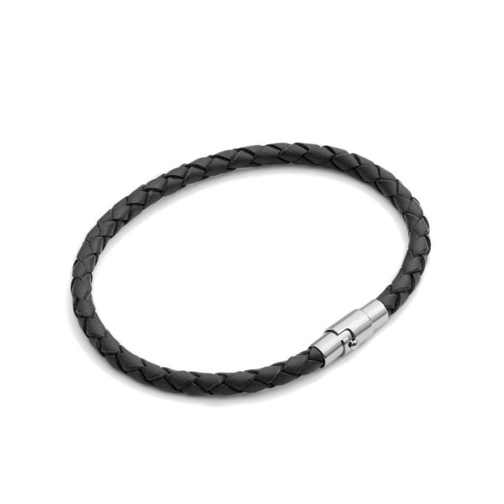 Tribal Steel Black Plaited Leather Bracelet - Unisex 19cm Leather Bracelet with Bayonet Clasp, Extra Secure Magnetic Closure