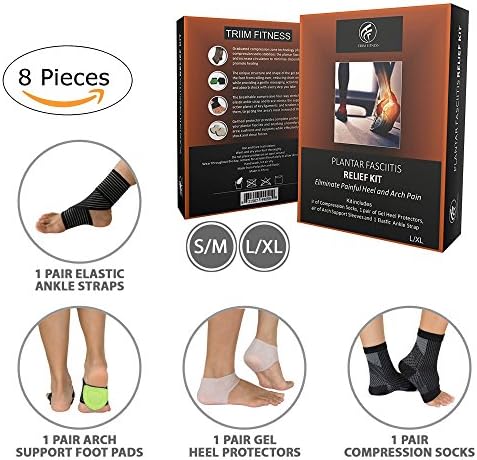 Plantar Fasciitis Relief Kit - Includes Plantar Fasciitis Silicone Heel Protectors-1 pair, Arch Support Pads-1 pair, Compression socks-1 pair, Ankle brace-1 pair(4 pairs/8 count) &amp; Exercise E-Guide