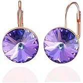 YONVUN Austrian Crystal Round Drop Dangle Leverback Earrings | Plated 18K/Rose Gold Zircon Gemstone Birthstone Hoop Hanging Dangly Earrings Jewelry Gift for Wife Mom Daughter Girlfriend