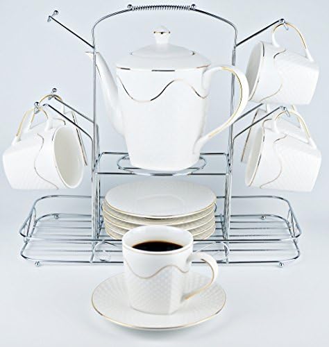 Porcelain Tea or Coffee Set 14 Pieces - Large Teapot with Lid + 6 Cups + 6 Saucers + Hanger - Premium Quality - American FDA APPROVED