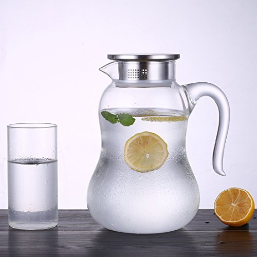 2 Litre Water Carafe Double Wall Glass Pitcher with Stainless Steel Flow Lid, Borosilicate Water Jug for Hot/Cold Water, Coffee, Ice Tea, Juice Beverage, Decanting and Serving Wine GYBL425