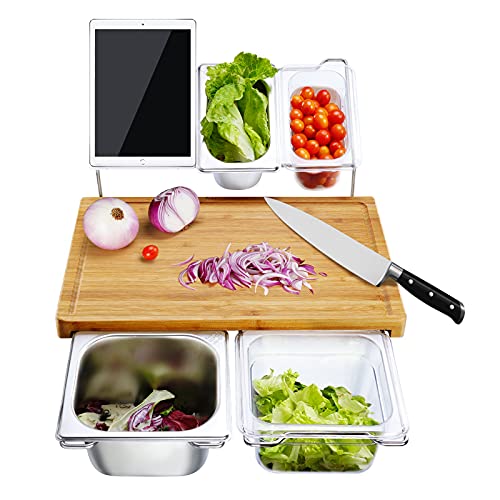 Bamboo Cutting Board Set with 4 Containers, Chopping Board with Juice