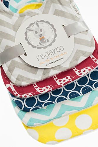 Triple Layer Waterproof Baby Bibs, Cotton Front, Plastic Liner, Minky Dot Back, Adjustable Snaps for Eating, Drooling or Baby Shower, 12 To 24 Months Size (5 Pack Set in Unisex Patterns for Boys and Girls)
