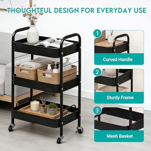 ZOESTORAGE 3 Tier Rolling Cart Metal Storage Cart with Wheels for Home, Bathroom, Kitchen, Laundry, Office and Rolling Cart Kitchen for Books, Vegetables and Snacks, Black