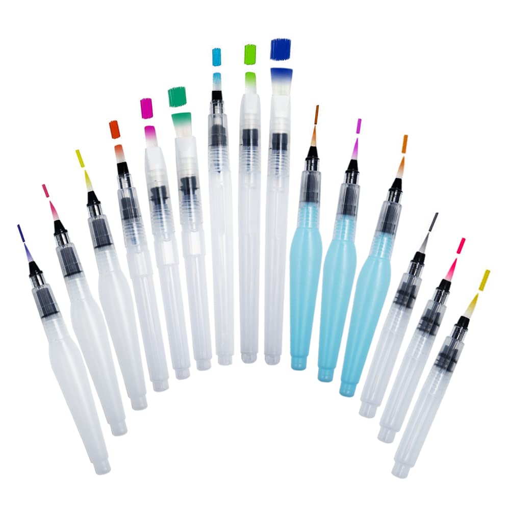 Yincen 15 Pcs Water Brushes for Watercolor Set Creativity Tap Water Brush Pen Refillable Water Brush Pen for Coloring, Calligraphy, Painting, Watercolor Creation
