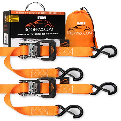 Ratchet Straps by RoofPax (2-Pack) | Heavy Duty Motorcycle Tie downs Kit | 5,208 Break Strength | 1.6" x 8' Cargo Tiedowns For Heavy Loads | Padded Handles & Coated Chromoly | S Hooks w/ 2 Soft Loops