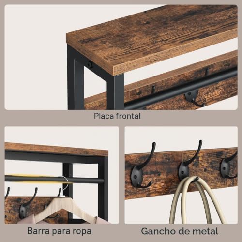 Perchero de Pared con Estante, Perchero Flotante con Barra y 5 Ganchos, Estante Colgante para Paraguas, Sombreros, para Entrada, Pasillo, Sala de Estar, Negro y Marrón Rústico EBF78YM01