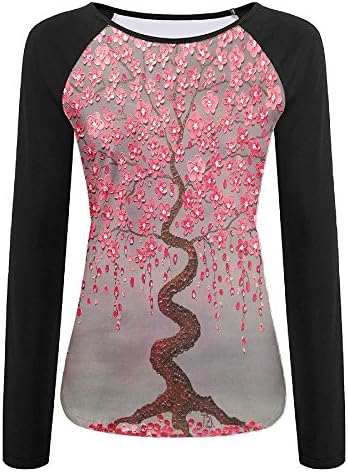 HEHE TAN Women's Long Sleeve T-Shirt Crewneck Tops Sweatshirt Front An Abstract Cherry Blossom Tree Printed Patchwork Tees