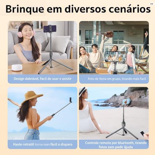 Tripé Bastão de Selfie 3 em 1 – Compacto e Extensível até 1,70 m de Altura, Controle Bluetooth, Rotação 360° – Para Gravações, Reels, TikTok, YouTube, iPhone e Android