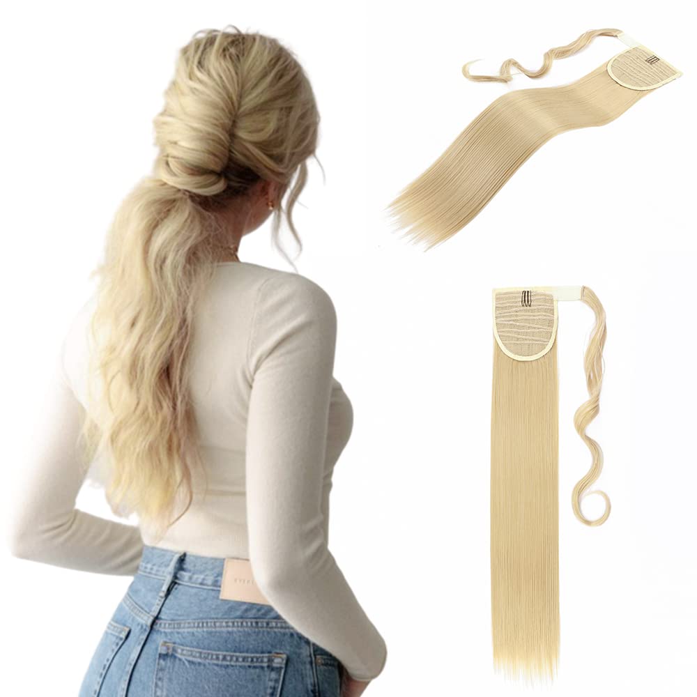 23" Long Straight Wrap Around Ponytail Clip in Hair Extensions One Piece Hairpiece Magic Tape in Pony Tail Extension for Women Golden mix Bleach Blonde