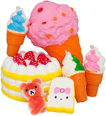 CEJA 7-Pack Slow Rising Dessert Jumbo Squishies–Giant Ice Cream Sugar Cone Large Jumbo Strawberry Cake Assorted Ice Cream Cones Kawaii Squishies for Adults and Kids Fun Scented Stress Relief Toy Set