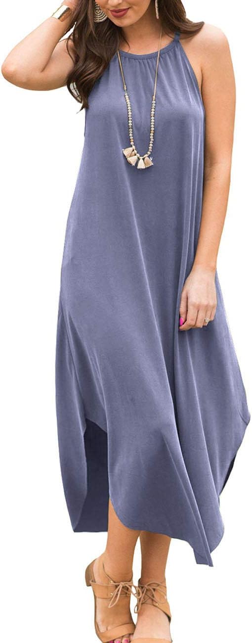 YiNai Womens Casual Summer Halter Maxi Loose Dress Beach Cami Dress with Pockets