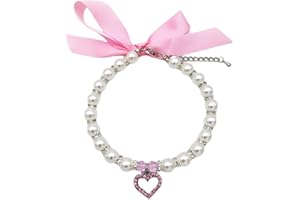 PETFAVORITES Pearl Crystal Dog Necklace Collar Jewelry for Small Dogs Puppy, Bling Cat Wedding Collar with Rhinestones Charm, Chihuahua Yorkie Clothes Outfits Accessories (Pink Heart, 8 to 10-Inch)