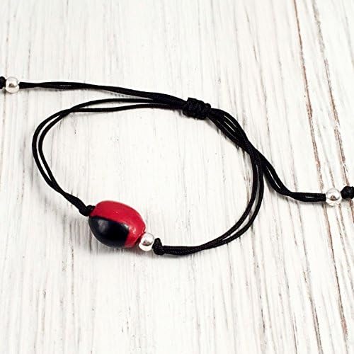 Black String Bracelet, Sterling Silver 925 Bead with Large Red and Black Huayruro Seed Charm, Peruvian 'Good Fortune' Adjustable Thread Cord, Friendship Bracelet, Handmade in Peru. Great for Sets.