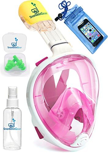 SnorkelinGear Snorkel Mask Set for Adults and Children, Full Face Easybreath Snorkeling Gear with 180 Sea View including Universal Waterproof Case Anti Fog Spray with Earplugs(Pink, L/XL)